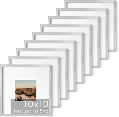 HAUS AND HUES 10x10 Silver Metal Picture Frames Matted to 5x5 - Premium Aluminum with Hanging Hardware, Shatterproof Plexiglass - Ideal for Home or Office (10x10 in, Silver, Set of 9)