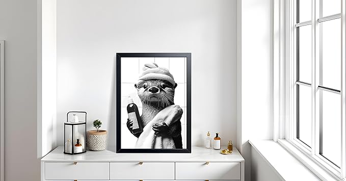 ARKZSHO Black and White Bathroom Wall Art, Funny Otter Is Getting Ready Bath Canvas Print Picture, Modern Farmhouse Wall Decor Painting, Cute Animal Bathroom Restroom Home Decoration 16x24 Inch Wood Framed