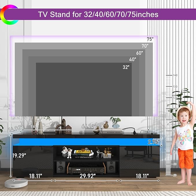 Hlivelood LED TV Stand for 75 Inch TV, Modern TV Stand with Power Outlet, High Gloss TV Console Entertainment Center with Storage and LED Lights for Living Room, Bedroom (66 Inch, Black)