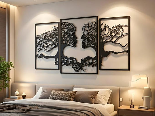 VAILLA Tree of Life Wall Wooden Art Abstract Tree Man Woman Face Large 3D Wooden Wall Decor Set of 3 Hanging Sculpture Modern Home Decoration 3D Textured Sculptures for Living Room Bedroom Office Dinnig Room
