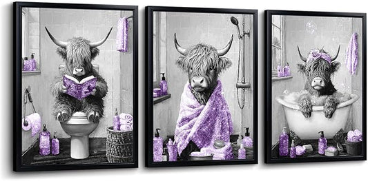 sechars Highland Cow Bathroom Wall Art 3 Piece Funny Bathroom Pictures Canvas Print Grey and Purple Decor (Purple)