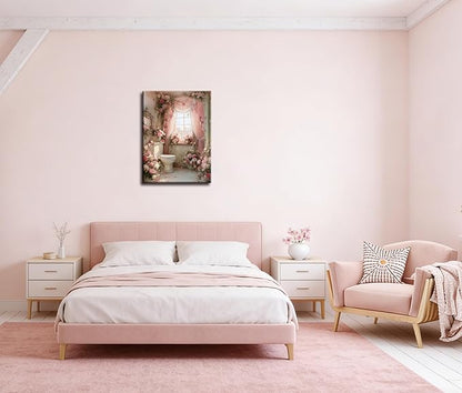 Frimeeme Romantic Rose Garden Toilet Decor,Pink Floral Bathroom Canvas Wall Art, Modern Landscape Prints for Bathroom Restroom Home Decoration((12x16 in Canvas), 12x16 Inch