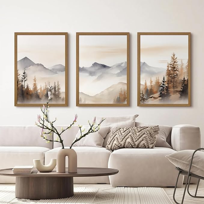Neutral Mountain Wall Art Decor Set of 3 Forest Canvas Wall Art Poster Landscape Wall Art Artwork Modern Pictures Abstract Painting Watercolor Prints for Living Room Bedroom 24x36 Inch Framed