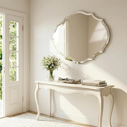 Frameless Wall Mirror 28x22 Inch, Decorative Scalloped Vanity Mirror with Beveled Edge for Bathroom, Entryway & Bedroom