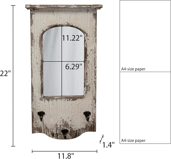 Rustic Entryway Arched Wall Mirrors with 3 Metal Hooks 12" x 22", Hanging Distressed White Wood Frame Farmhouse Bathroom Mirrors for Vanity, Ornate Mirror Wall Decor Living Room