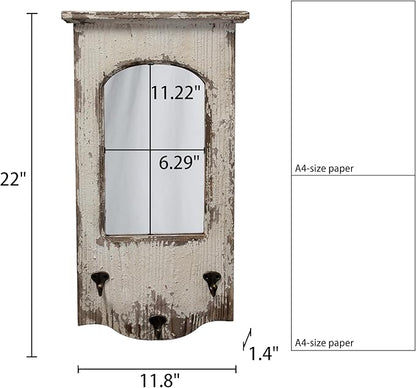 Rustic Entryway Arched Wall Mirrors with 3 Metal Hooks 12" x 22", Hanging Distressed White Wood Frame Farmhouse Bathroom Mirrors for Vanity, Ornate Mirror Wall Decor Living Room