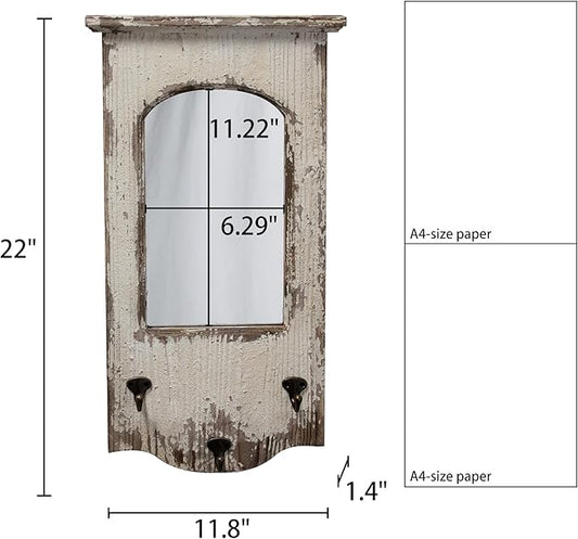 Rustic Entryway Arched Wall Mirrors with 3 Metal Hooks 12" x 22", Hanging Distressed White Wood Frame Farmhouse Bathroom Mirrors for Vanity, Ornate Mirror Wall Decor Living Room