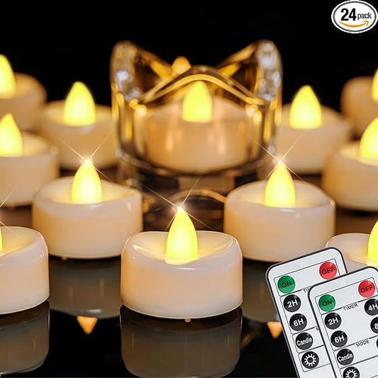 merrynights Remote Candles, 24PCS Flameless Tea Lights Candle Battery Operated with Timer, 400+Hours Remote Control LED Tea Lights Votive Candle - 1.5'' D X 1.25'' H- Warm Yellow Light