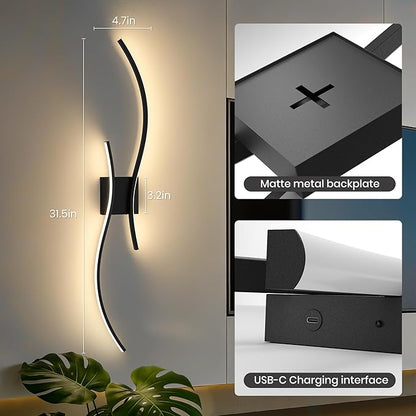 Battery Operated Wall Sconces Set of Two, 10000mAh Rechargeable Modern Wall Lights with Remote Control, Dimmable Black LED Cordless Lighting for Living Room, Bedroom, Hallway, 31.5 Inch, 3CCT