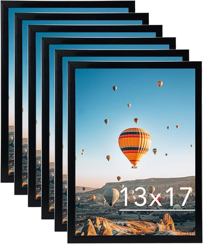 JCJMY 13x17 Black Picture Frame Set of 6, Horizontal and Vertical Formats for Wall Hanging, 13 x 17 Wall Gallery Poster Photo Frames with Shatter Resistant Plexiglass, 6 Pack, Black