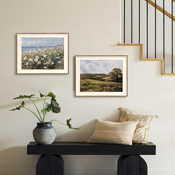 ASTRDECOR Framed Vintage Wall Decor, Vintage Green Nature Canvas Wall Art Prints Bedroom, Sheep Shepherd Landscape Oil Painting Mountain Wall Art Living Room, Rustic Farmhouse Decor for Dining Room -12''x16''