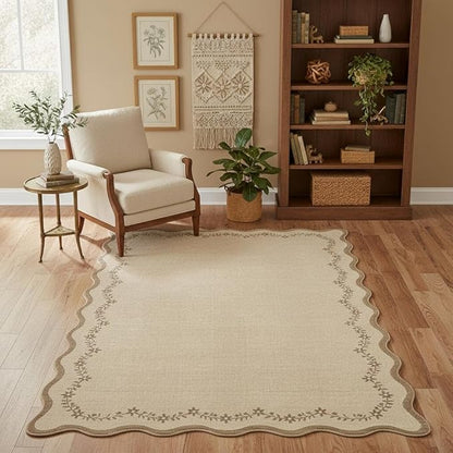GarveeHome 6x9 Scalloped Area Rug Brown Washable Rugs for Living Room Bedroom, Soft Low Pile Non Slip Accent Floor Mat Solid Floral Print Throw Rug Farmhouse Indoor Carpet for Dorm Playroom