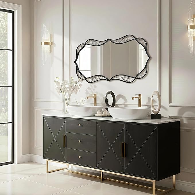 Besdomus Black Bathroom Wall Mirror: 24"x48" Scalloped Modern Large Vanity Mirror for Wall - Farmhouse Decorative Vertical or Horizontal Hanging - Wall Decor for Living Room/Entryway/Bathroom/Bedroom