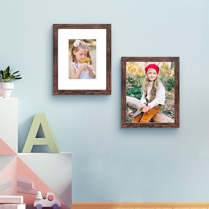 SESEAT 8x10 Picture Frame Set of 10, Display Pictures 5x7 with Mat or 8x10 Prints without Mat, Wall Mounting or Tabletop, Brown