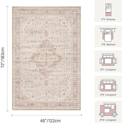 Rugxara Washable Area Rug for Living Room & Bedroom, Soft Pink Rugs for Girls Women, Non Slip, Durable Low Pile Carpet, Vintage Carpets for Office, Dining Room, Kids Room and Farmhouse(4x6ft)