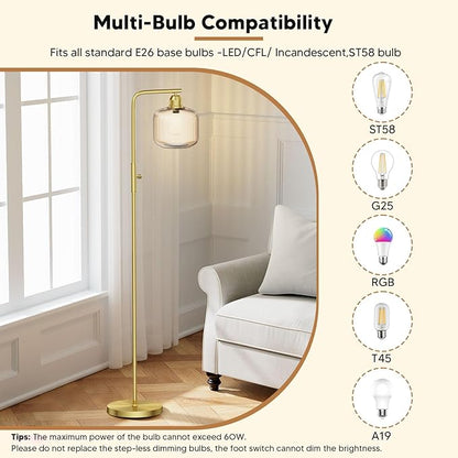 Glass Floor Lamp for Living Room, Modern Standing Lamp with Champagne Gold Ribbed Glass Lampshade, Stepless Dimmable Rotary Switch, 66” Tall Lamp & Gold Floor Lamp for Bedroom Study Room,Brushed Gold