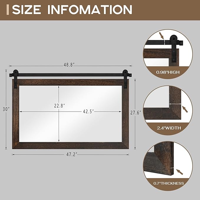 COGOOD Farmhouse Bathroom Mirror - 49" x 30" Rustic Barn Door Mirror for Living Room, Entryway, Bedroom, Vanity Wall Decor (Black Brown)