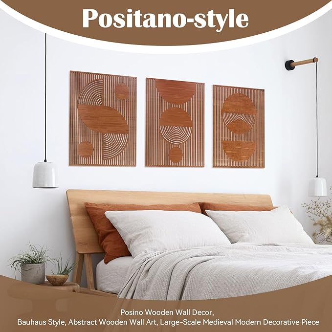 Betinyar 3PCS Geometric Abstract Wood Wall Art, Modern Wood Wall Decor with Hollow Design & Metal Hook, Vintage Brown Minimalist Home Decor for Living Rooms, Bedrooms, Offices, & Cafes (Dark brown)