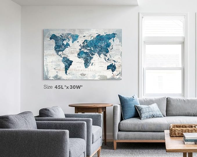 Canvas Wall Art Office Artwork Large Modern Abstract Map of the World Push Pin Board Travel Map Blue Pictures for Living Room Bedroom Dining Room Motivational Home Decor