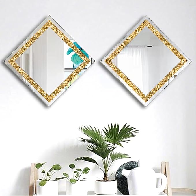 ZOLAPI 2PCS Crystal Rhinestone Diamond Wall Mirror.Brilliant Hand-Spliced Glass Mirror.Gold Accent Decorative Mirror for Hallway/Bathroom/Bedroom（12”x12”）