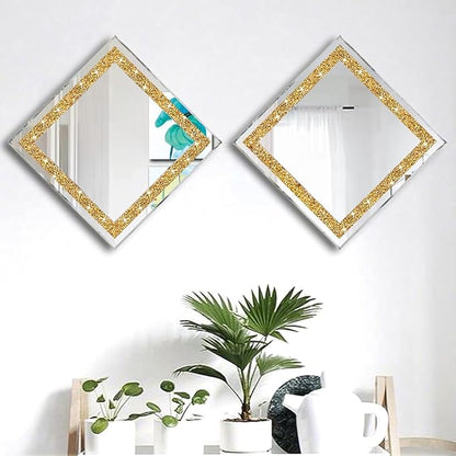 ZOLAPI 2PCS Crystal Rhinestone Diamond Wall Mirror.Brilliant Hand-Spliced Glass Mirror.Gold Accent Decorative Mirror for Hallway/Bathroom/Bedroom（12”x12”）