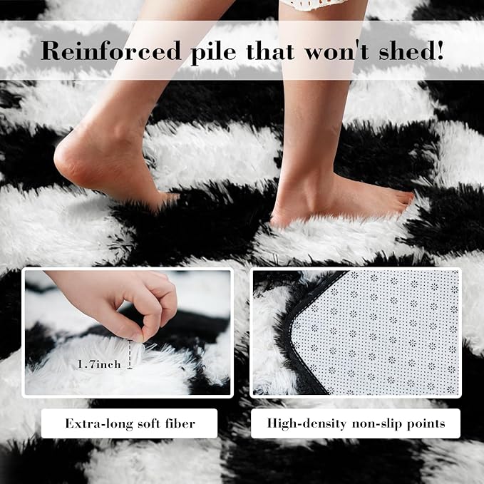Checkered Rug for Living Room, 6x9 Black and White Area Rugs, Classic Checkered Carpets Shag Area Rug, Bedside Rugs for Living Room Bedroom Kids Room Home Decor