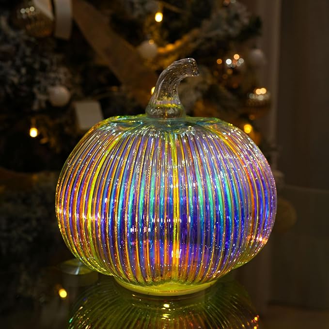 Iridescent Glass Pumpkin Light with Timer | Battery Powered Holiday, Autumn, Thanksgiving Décor