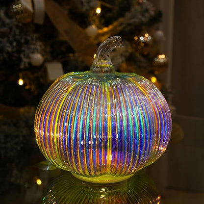 Iridescent Glass Pumpkin Light with Timer | Battery Powered Holiday, Autumn, Thanksgiving Décor