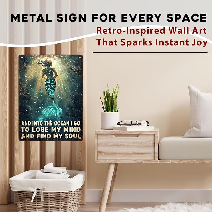 Retro Ocean Metal Plaque Rustic Wall Decor Into The Ocean I Go To Lose My Mind Coastal Art Beach Bar Sign Gift for Saltwater Soul Collectors 12x16inch