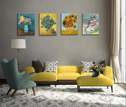 dgbtcart Sunflowers Irises Flower Vase by Vincent Van Gogh Canvas Wall Art, Classic Paintings Reproduction Prints Floral Artwork Posters for Home Decor 11"x14"x4 Pieces