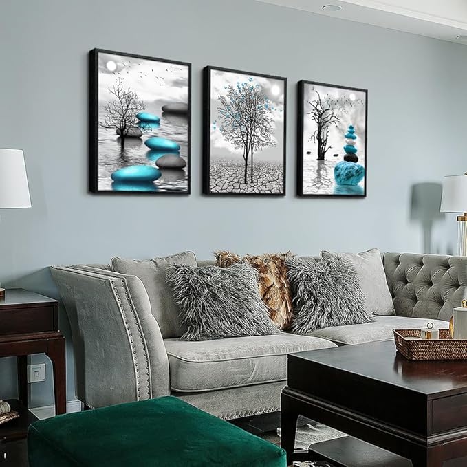 Large Black Framed Wall Art for Living Room Wall Decor for Office Bedroom Wall Decoration Blue Abstract Pictures Black and White Paintings Modern Room Aesthetic Home Decor 3 Piece Art Prints