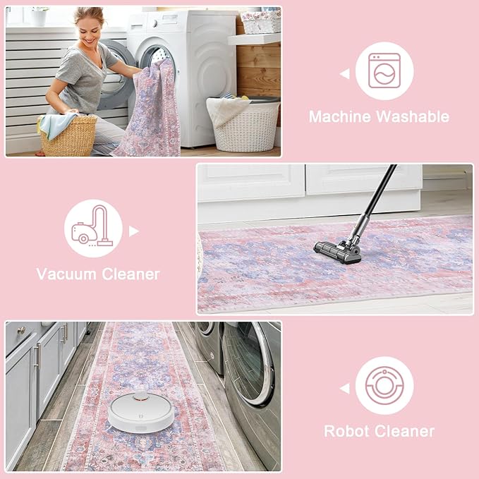 Sofrug Hallway Runner Rug, 2x6 Washable Pink Area Rug, Honeycomb Non Slip Kitchen Runner Rugs, Soft Faux Wool Carpet for Hallways Entryway Kitchen Laundry Bedroom