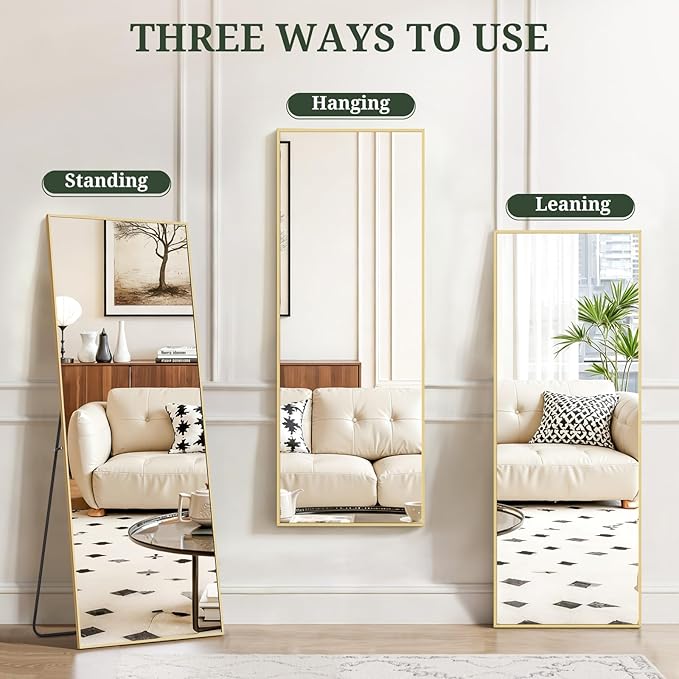 Mirror Full Length 58"x19" Full Body Floor Mirror with Stand, Shatterproof Glass, Aluminum Alloy Frame, Free Standing Wall Mounted or Leaning Rectangle Mirrors for Bedroom Living Room Entryway