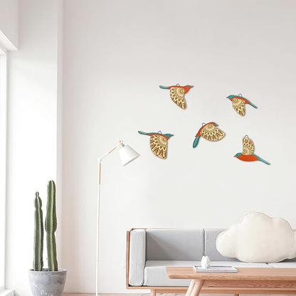 Vumyhuby 5 Pcs Teal Wooden Bird Wall Art | Rustic Folk Art Wall Decor for Indoor Use | Handcrafted Wood Flying Birds Wall Hangings for Living Room, Bedroom, Kitchen, Office | Scandinavian Home Decor Gift