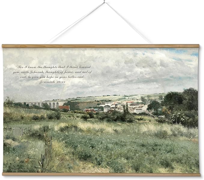 InSimSea 36x54 Large Canvas Scroll Christian Wall Art, Bible Verse Village Summer Green Landscape Decor, Inspirational Religious Oil Painting for Living Room, Prayer Room, Church