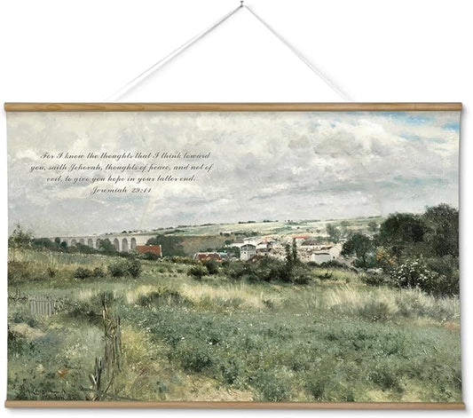InSimSea 36x54 Large Canvas Scroll Christian Wall Art, Bible Verse Village Summer Green Landscape Decor, Inspirational Religious Oil Painting for Living Room, Prayer Room, Church