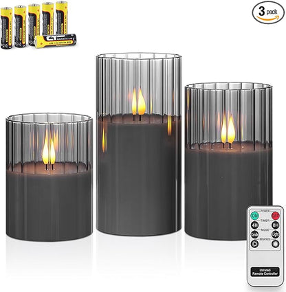 Rhytsing Smoked Ribbed Glass Battery Operated LED Candles with Remote, Flameless Candle with Timer Gift Set for Home Decor, Warm White Lights- Include 6 Batteries - Set of 3