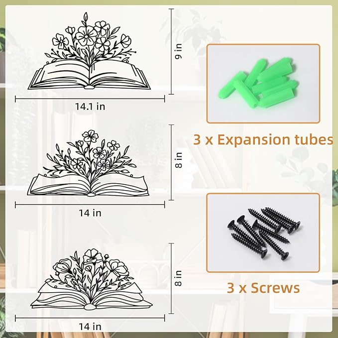 Zzbakress 3 Pcs Book Wall Decor Metal Flower Wall Art, Library Decor Hanging Sculpture, Reading Nook Silhouette Wall Hanging for Home Office Reading Room Teacher Gift (Elegant)
