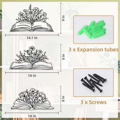 Zzbakress 3 Pcs Book Wall Decor Metal Flower Wall Art, Library Decor Hanging Sculpture, Reading Nook Silhouette Wall Hanging for Home Office Reading Room Teacher Gift (Elegant)