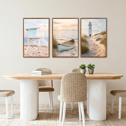 KAlRNE Modern Coastal Framed Canvas Wall Art Set of 3(24”X36”),Neutral Beach Sailboat Wall Decor,Ocean Lighthouse Picture,Photography Seagull Seascape Art Prints For Living Room Bedroom Office