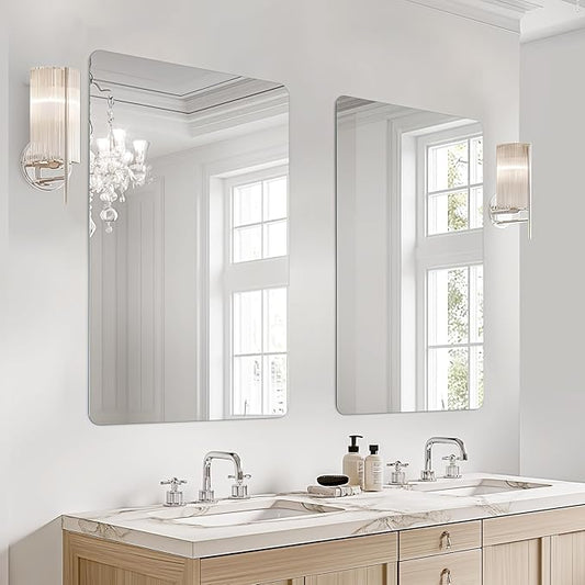 USHOWER 2-Pack Frameless Bathroom Mirrors for Over Sink, 24x36 Inch Rectangular Bathroom Mirrors with Rounded Corner, Shatterproof Mirror for Vanity, Bedroom, Entryway Upgraded & Remodel