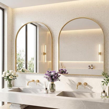 OLIXIS Arched Bathroom Mirror for Over Sink, 34x32 Inch Wall Mirror Arched Rounded Rectangle, Modern Wall Mount Vanity Mirror with Matte Metal Deep Framed, for Home Decor, Living Room, Gold