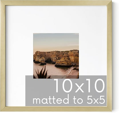 HAUS AND HUES 10x10 Gold Metal Picture Frame Matted to 5x5 - Features Premium Aluminum & Hanging Hardware, Shatterproof Plexiglass - Ideal for Home, Office (10x10 in, Gold, Set of 1)