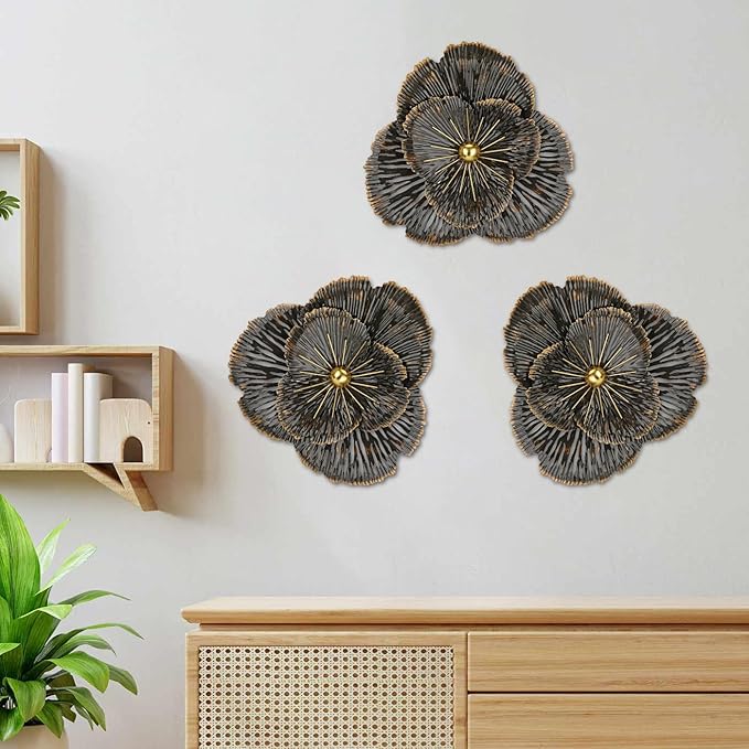 DILATATA 3 Pcs Metal Flower Wall Art Set 10 Inch Rustic Modern Floral Sculpture 3D Metal Flower Wall Hanging Accent for Indoor Living Room Bedroom Kitchen Bathroom Garden Patio Decor - Black