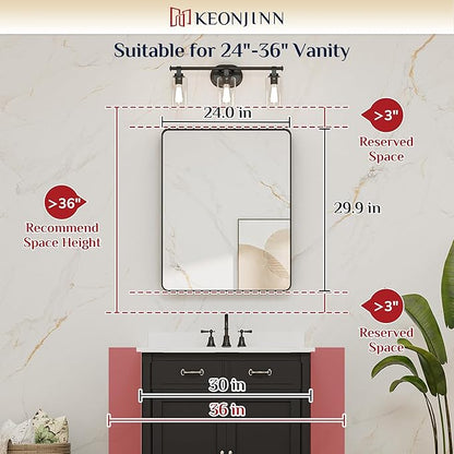 Keonjinn 24 x 30 Inch Brushed Nickel Bathroom Mirrors for Over Sink, Rounded Rectangle Silver Bathroom Vanity Mirror, Farmhouse Mirror for Wall, HD Tempered Glass, Anti-Rust Aluminum Alloy Mirror