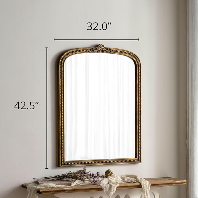 ZIYOO French Vintage Ornate Arched Wall Mirror, Gold Framed Decorative Mirror, Ornate Baroque Accent Mirror for Living Room, Bedroom, Entryway, Fireplace, 42.5" x 32"