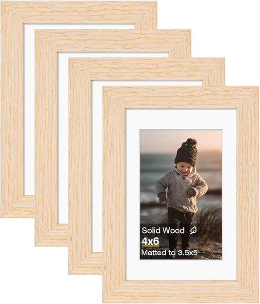 KINLINK 4x6 Frame White Oak, Solid Wood 4 x 6 Picture Frame with Acrylic Plexiglass for 3.5x5 with Mat, Tabletop and Wall Display Photo Frames 4x6 White Oak, 4 Pack