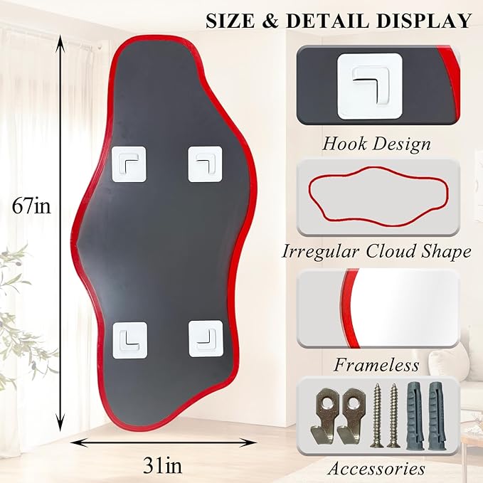 Irregular Mirror Full Length, 67"x31" Red Asymmetrical Tempered Glass Mirror, Large Organic Frameless Wall Mirrors for Living Room Bedroom Hallway Entryway, Horizontal or Vertical Hanging