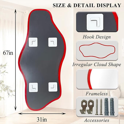 Irregular Mirror Full Length, 67"x31" Red Asymmetrical Tempered Glass Mirror, Large Organic Frameless Wall Mirrors for Living Room Bedroom Hallway Entryway, Horizontal or Vertical Hanging
