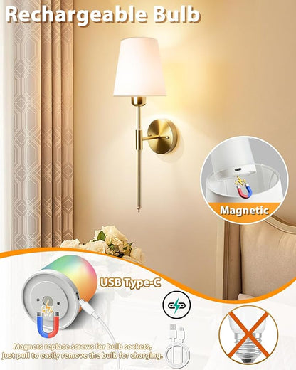 Adetu Battery Operated Wall Sconce Set of 2, Gold Wireless Battery Wall Lights with 10000mAh RGB Dimmable Magnetic Bulbs and Remote Control, Rechargeable Wall Sconce for Bedroom Living Room Hallway
